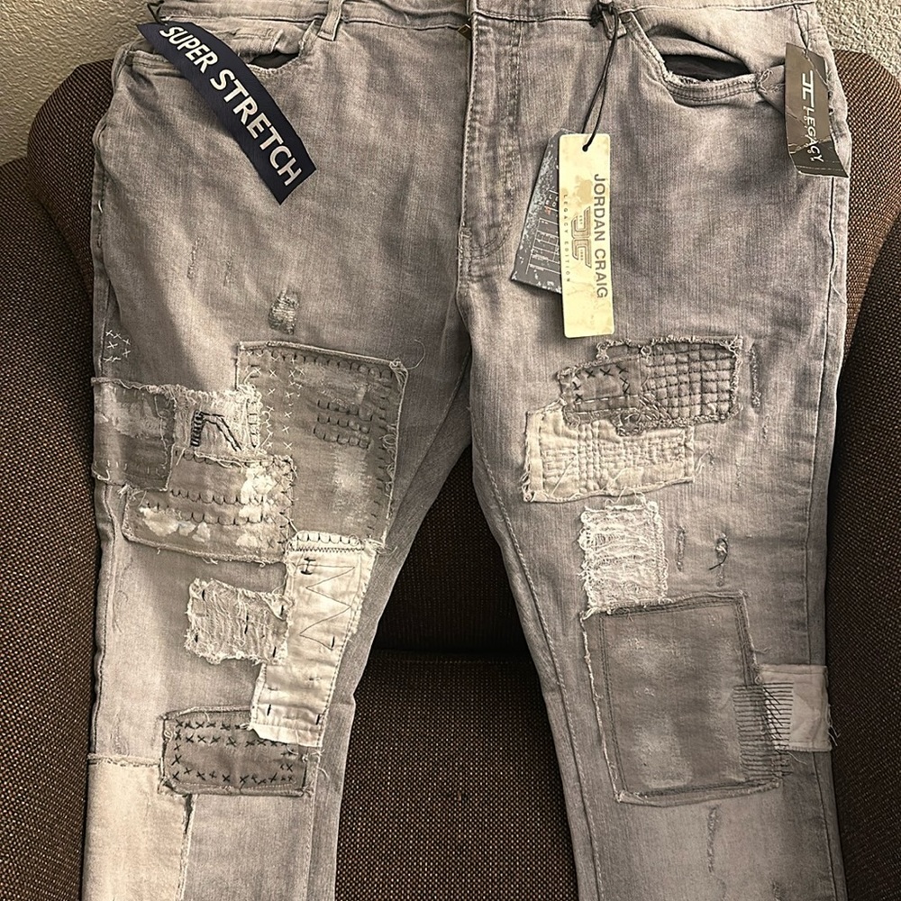 For sale Jordan Craig patchwork designer jeans.  Stretch denim. Size 40x36.